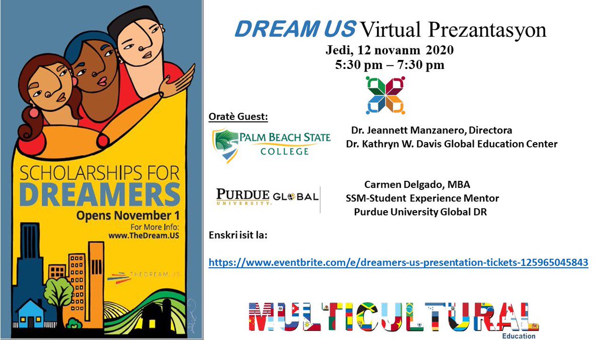 JavierOrtolaza's tweet photo. Join us Thursday, November 12, 2020, from 5:30 pm – 7:30 pm, Dr. Manzanero from the Global Education Center of PBSC &amp; Carmen Delgado from Perdue University Global DR will be presenting the DREAM US Scholarship. @PBStateCollege @EsolPbc @harveyoaxaca https://t.co/uk30c7IENi