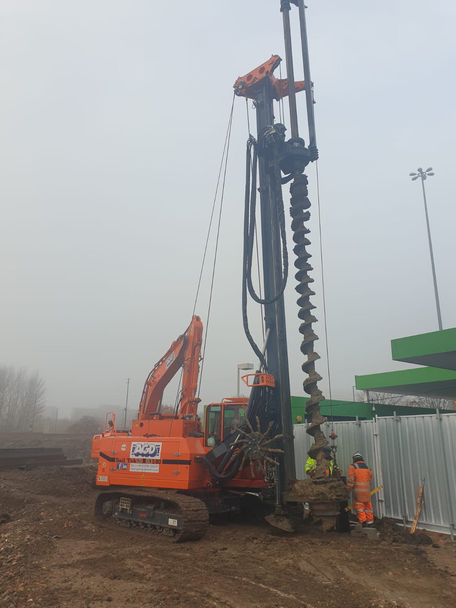 AGDEquipment's tweet photo. Another multi-rig job. This time in Leeds for #CNC. We’re using one of our #Soiltek S80 compact CFA rigs to drill 450 mm diameter through mudstone to 12 m depth and then installing H beams for a #KingPost wall with one of our #SMS SG80 #SideGrip vibros #OneStopShop @AGDEquipment https://t.co/TfYMdHpg0d