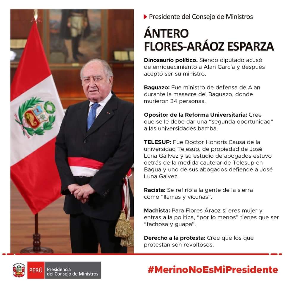 laeducserespeta's tweet photo. Etiquetemos todxs al nuevo #PremierAntireforma del ilegítimo @MerinoDeLama . Aquí les pasamos su verdadera biografía: Racista expreso, machista y opositor de la reforma universitaria, y defensor legal de todas las universidades bambas del Perú. #LaEducaciónSeRespeta https://t.co/24jlYjD0l6