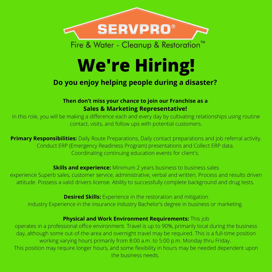 We're Hiring! 
SERVPRO is looking for an experienced marketer to join our team! 
Send your resume to marketing@servpronwa.com to apply!