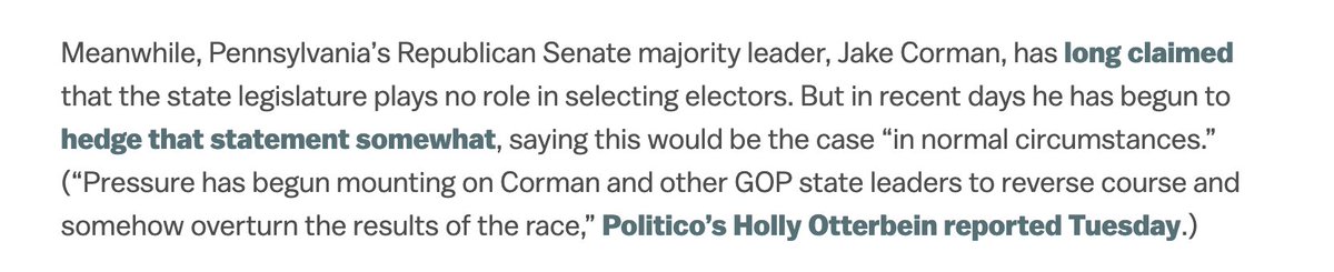 Step three: Filing tons of lawsuits (check).Step four: Getting state legislators to simply appoint electors for Trump. This is the most frightening possibility. Below is PA's senate majority leader opening the door.  https://washingtonmonthly.com/magazine/april-may-june-2019/how-trump-could-lose-the-election-and-remain-president/