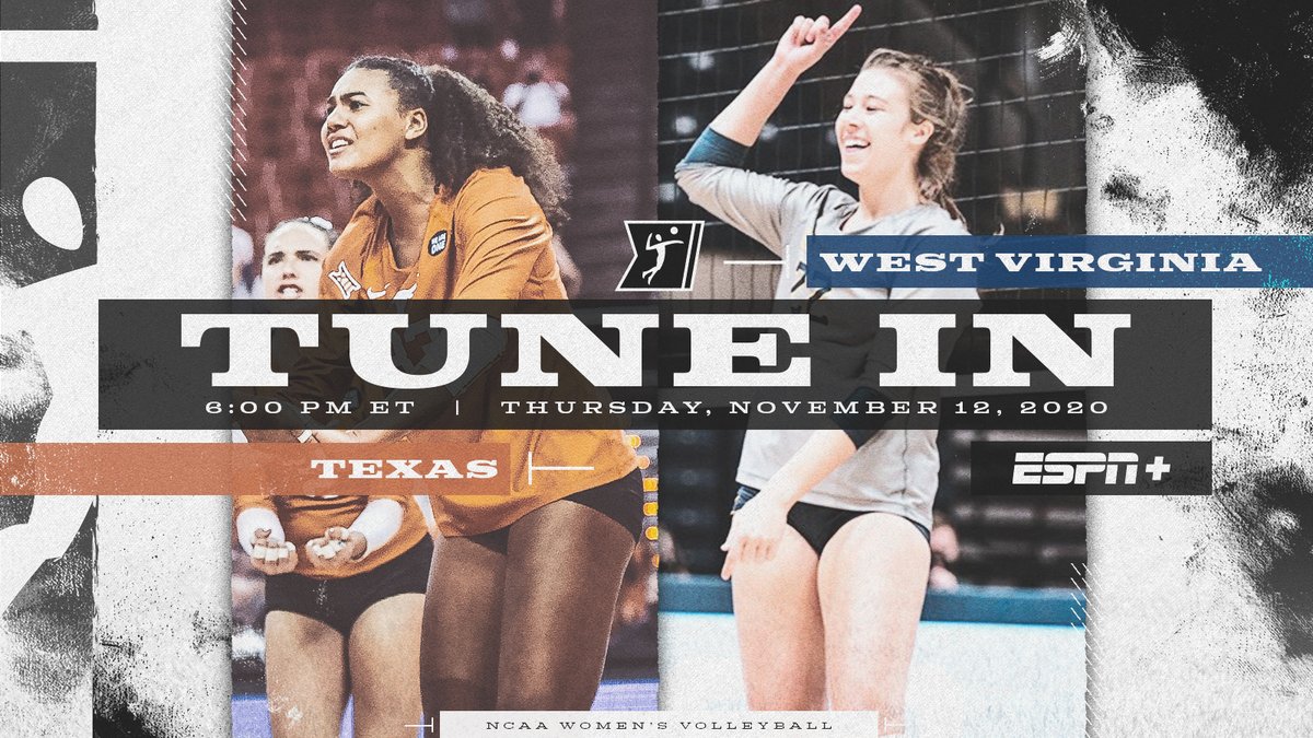 NCAAVolleyball's tweet photo. 🏐TUNE IN🏐

No. 1 @TexasVolleyball 
🆚
No. 13 @WVUVolleyball 

💻 ESPN+

#NCAAVB https://t.co/dEm5gSwGas