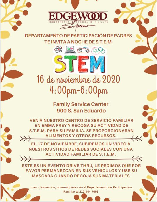 Here's another great opportunity for our families!  Please join us for our next drive-thru S.T.E.M night on Monday, November from 4p-6p.  It will be fun for the whole family.  See you there! <a href="/EISDPDofSA/">Edgewood ISD PD</a> <a href="/EISDofSA/">Edgewood ISD</a> #EISDFamilyEngagement #EISDProud