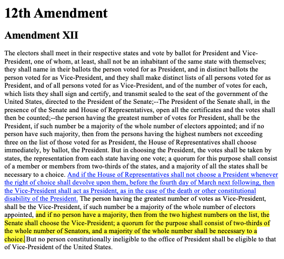 Let's skip over the amended portion for a moment. The Vice President would be elected by a vote in the Senate by each Senator, not by each state's delegation. A quorum is 2/3 of the Senate, and a majority of the whole is necessary to elect the VP. (6/)