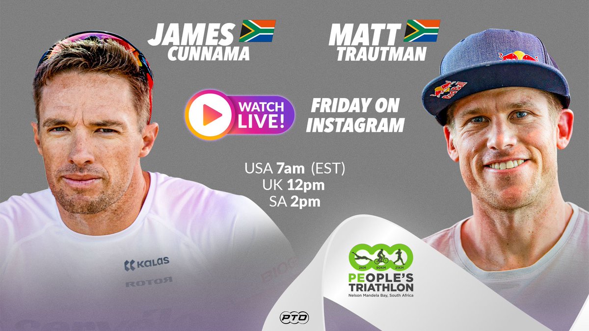 🎥 @MattyTrautman & @JamesCunnama GO LIVE this Friday on @instagram 📲 bit.ly/PTO_Instagram The South African pair look ahead to December’s PTO 2020 Championship at @challengedaytona and Sunday's People’s Triathlon in Port Elizabeth. 🇿🇦 #PTO #TriathletesUnite #Triathlon