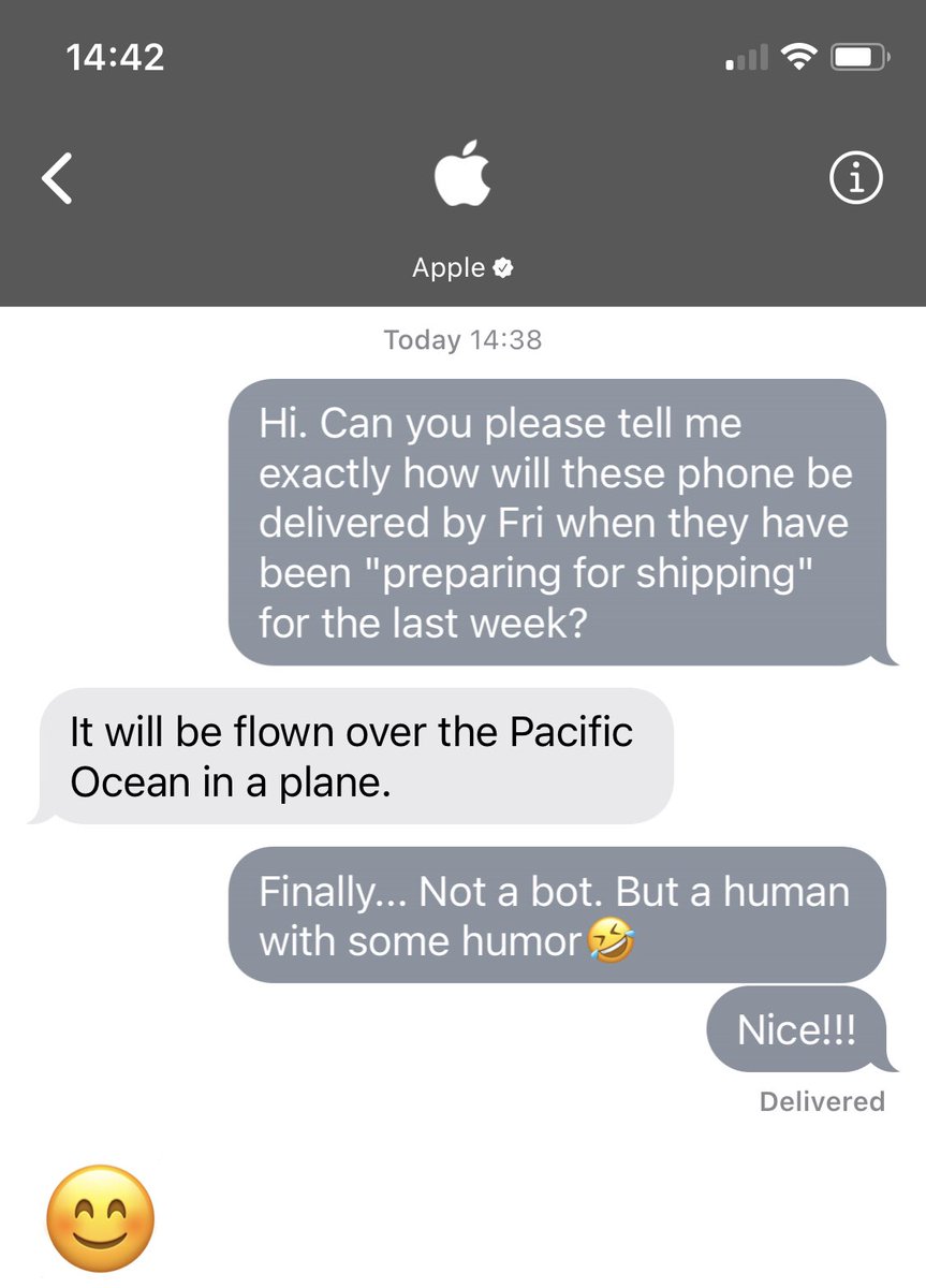 airsick365's tweet photo. @Apple @AppleSupport
This happened today during a chat with Apple when asking for the status of my 2 pre-ordered iPhone 12 Pro MAX.
#apple #applecustomerservice #applesupport #iPhone12ProMax #iPhone12 #funny https://t.co/CX7DXkYxJq