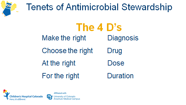 COpedsID's tweet photo. Stick to the 4 Ds of #antimicrobialstewardship:
Make the #rightdiagnosis
Choose the #rightdrug
At the #rightdose
For the #rightduration
@KidDocNic #COpedsID2020 https://t.co/FwhwpdSc8j