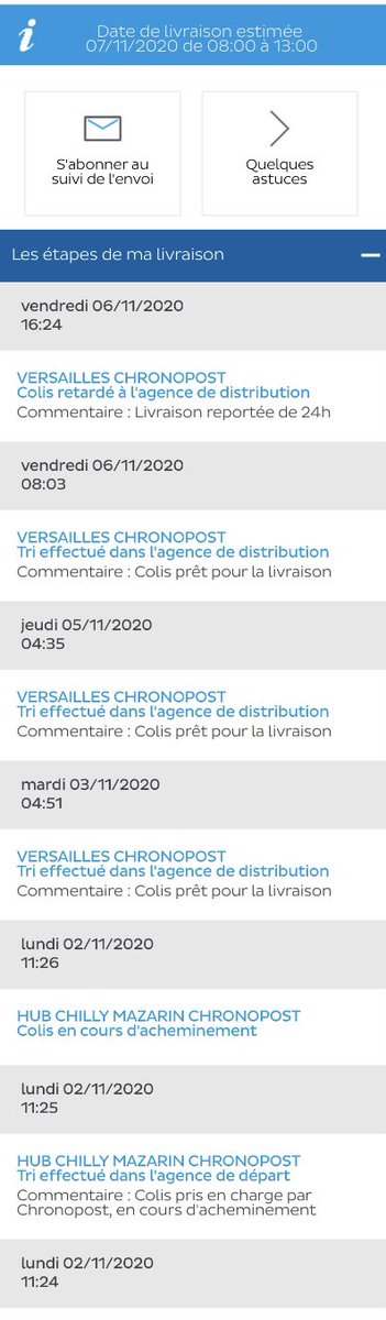 astiicot's tweet photo. @Chronopost pouvez-vous expliquer ce blocage depuis le 2 novembre ? 2 colis, même envoi, un arrivé le 4, l’autre toujours bloqué à l’agence...  en tout cas j’ai bien compris qu’il était prêt ce colis ! https://t.co/iKkcxOQShW