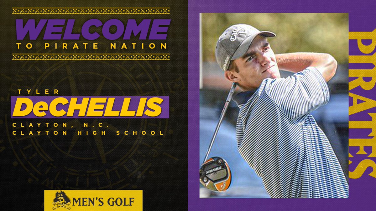ECUMensGolf's tweet photo. Welcome to #OnePirateNation these two studs, Tyler DeChellis &amp; Carter Busse💜☠️💛 #NDQ https://t.co/n67FlLlcjH