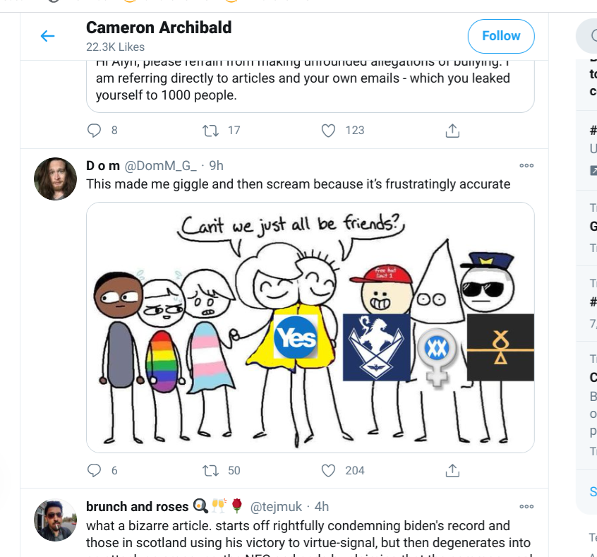 Cameron Archibald, who has written much attacking women in his party & is also good at badly photoshopped memes calling them Nazis, was most upset today that Common Weal were not similarly invested in witch hunts. He shared the post too.