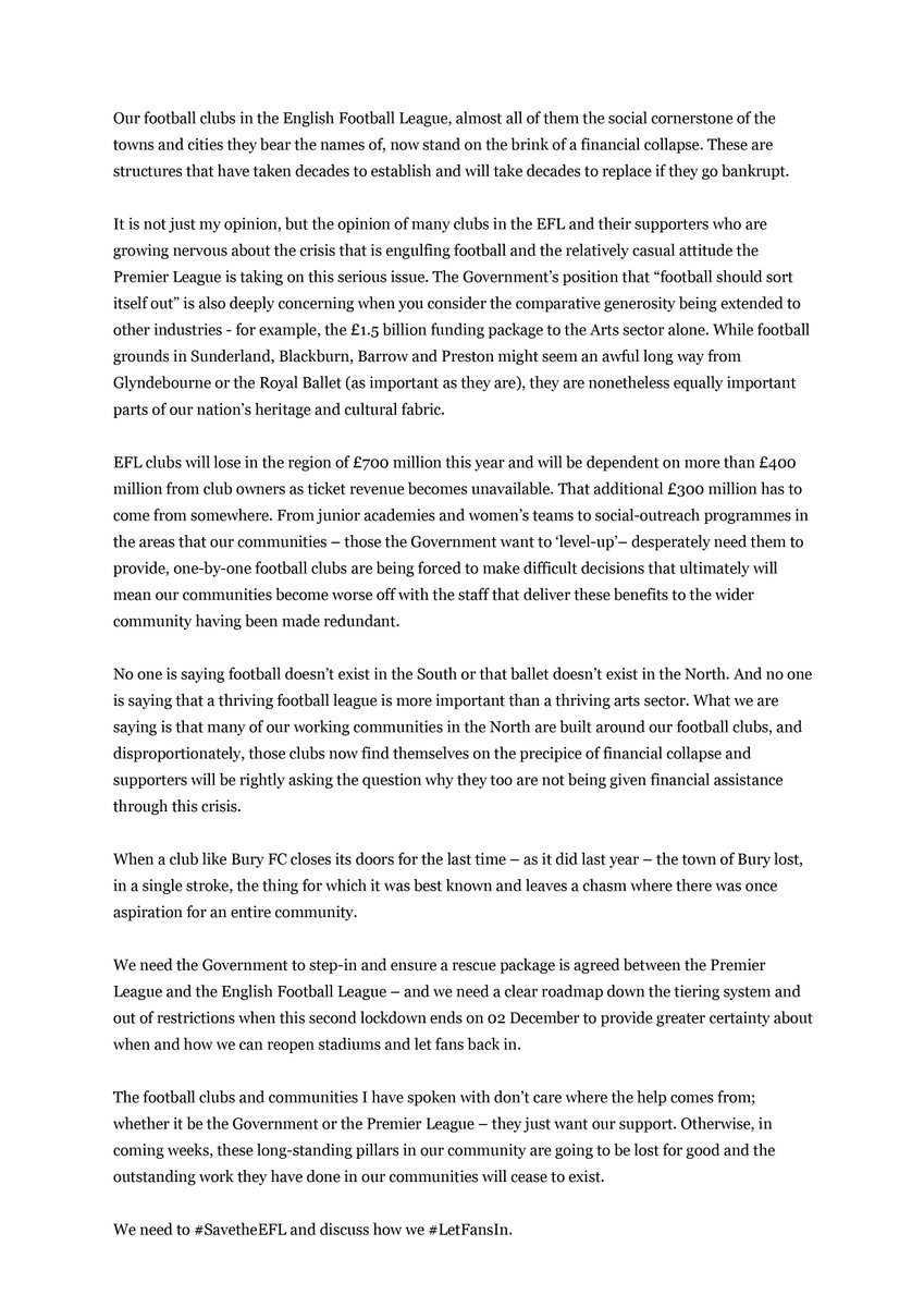 Football clubs in the <a href="/EFL/">EFL</a>, almost all of them the social cornerstone of the towns and cities they bear the names of, now stand on the brink of financial collapse.

Here is why I am calling on the Government to #savetheEFL