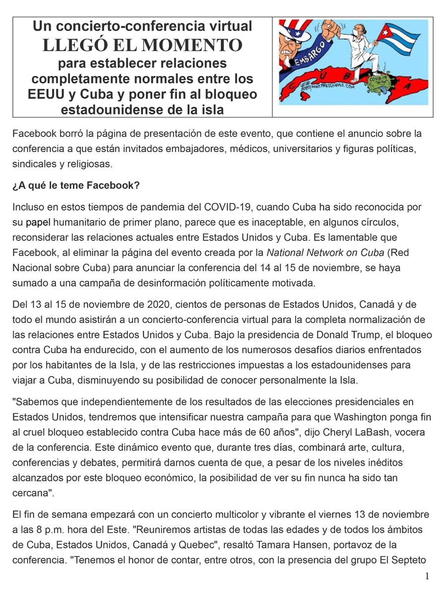 cdnntwrkoncuba's tweet photo. ALERTA: ¡Necesitamos su ayuda para informar al público sobre este importante concierto y conferencia virtual para Cuba del 13 al 15 de noviembre de 2020! Abajo es el comunicado de prensa y registrarse aquí: https://t.co/AMAJarjoCi #SomosCuba #NoMasBloqueo #CubaSalvaVidas #Cuba https://t.co/LwwvNzuIGC
