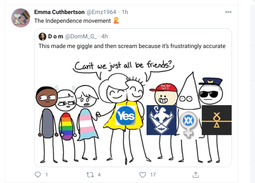 Finally, of course, we have honourable mention for current rainbow  @scotgp & erstwhile women’s officer and out4indy co-convener, Emz, and  @scottishlabour candidate Heather. Both of them also liked a beheading image targeted at a woman last week.