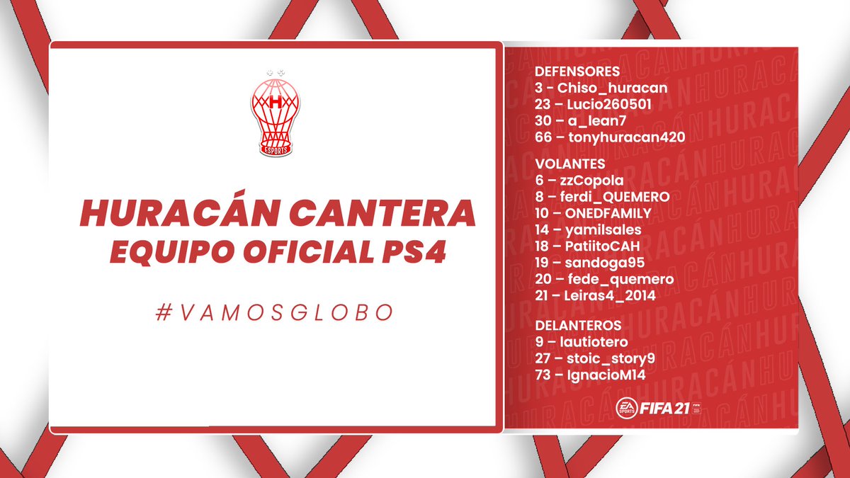 HuracanEsports's tweet photo. 🎮#FIFA21

👉Presentamos la lista oficial de jugadores de la cantera de #Huracán, equipo formado integra y exclusivamente por socios del Globo, que competirán esta temporada en La Liguilla (5ta División) de @IESAFIFAar en PS4 

#HuracánVirtual #VamosGlobo🎈 https://t.co/WtMXhSDSzv