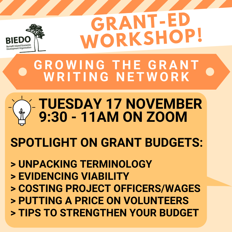 BIEDO Grant writing workshop coming up (free online event)! Individuals, community groups and businesses are invited to join Olivia from #TeamBIEDO on Tues 17 November from 9:30am to unpack grant budgets - RSVP here ➡️ biedo.org.au/events