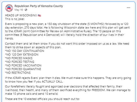 SenChrisLarson's tweet image. This is what we get when one party embraces conspiracy theories. 

Note the date on the first image (from Kenosha GOP) and the second image. Over 100 people contacted my office over the past 2 days based solely on misinformation from 6 months ago.