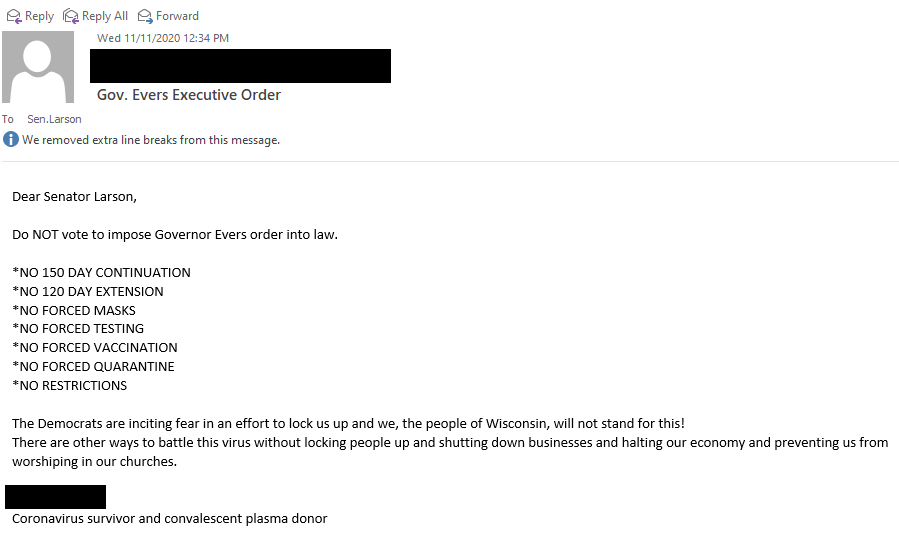 SenChrisLarson's tweet image. This is what we get when one party embraces conspiracy theories. 

Note the date on the first image (from Kenosha GOP) and the second image. Over 100 people contacted my office over the past 2 days based solely on misinformation from 6 months ago.