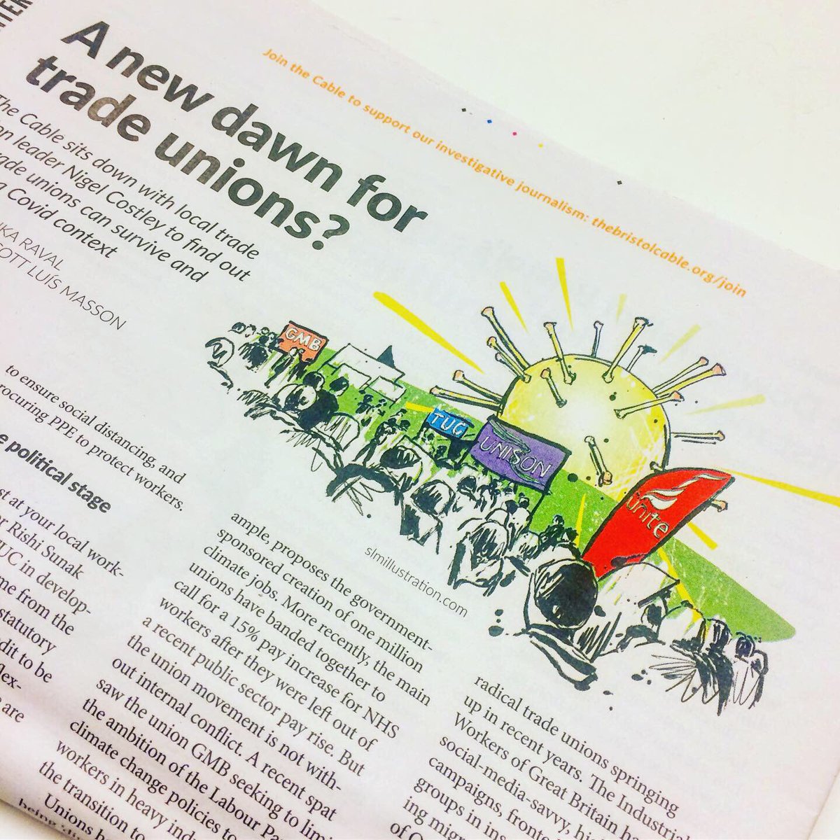 SLMILLUSTRATION's tweet photo. #editorial #illustration for @TheBristolCable for an article on trade unions dealing with the Covid crisis,  finally got my hands on a copy! #coronavirus #Covid_19 https://t.co/CihOkNFgJx