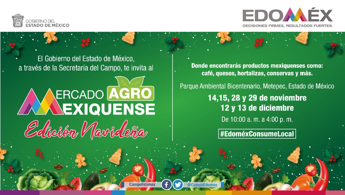 CampoEdomex's tweet photo. ¡Lo mejor esta en nuestra tierra!
Te invitamos al #MercadoAgromexiquense en su edición navideña, que se llevará a cabo durante tres fines de semana en el Parque Bicentenario, Metepec; a partir del 14 de noviembre de 10:00 a 16:00 horas. 
Aquí los detalles #EdoméxConsumeLocal https://t.co/h9SATsx72a