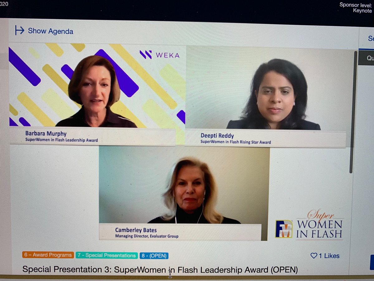 jbozman's tweet image. #FlashMemorySummit2020&apos;s Superwomen in Flash awards were given to: Barbara Murphy, VP, Marketing at #WEKA.io (Leadership award) and Deepti Reddy, Strategic Business Development at #DellEMC (Rising Star award). Camberley Bates, Managing Director at #EvaluatorGroup, hosted.