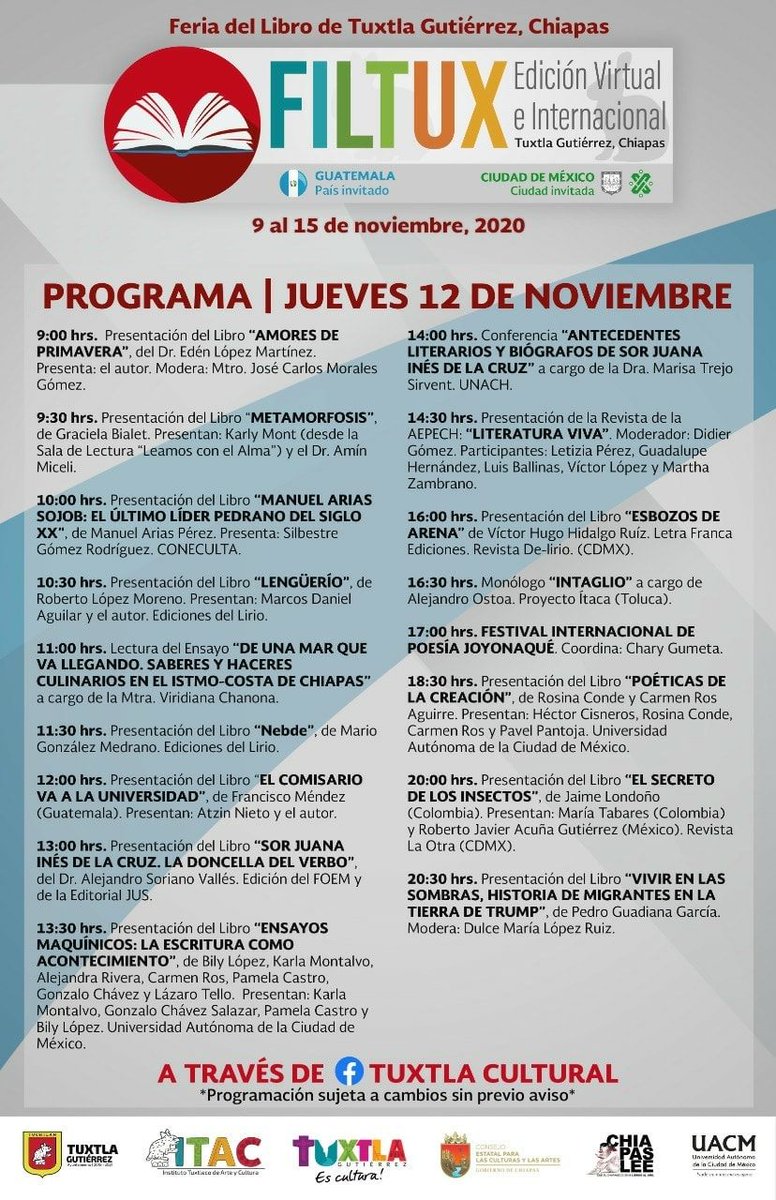 librosuacm's tweet photo. ¡Seguimos! en la #FILTUX2020 @TuxtlaCultural
Presentación de novedades editoriales 📚@UACM
📅 12 de nov
⏰ 13:30 h. "Ensayos maquínicos" Bily López,
@Ufchinzaz
⏰ 18:30 h. "Poéticas de la creación" Rosina Conde,
@gargros
#NoTeLoPierdas
Transmisión ➡️https://t.co/vAVIcfGa0G https://t.co/Mp4nIOlu7y