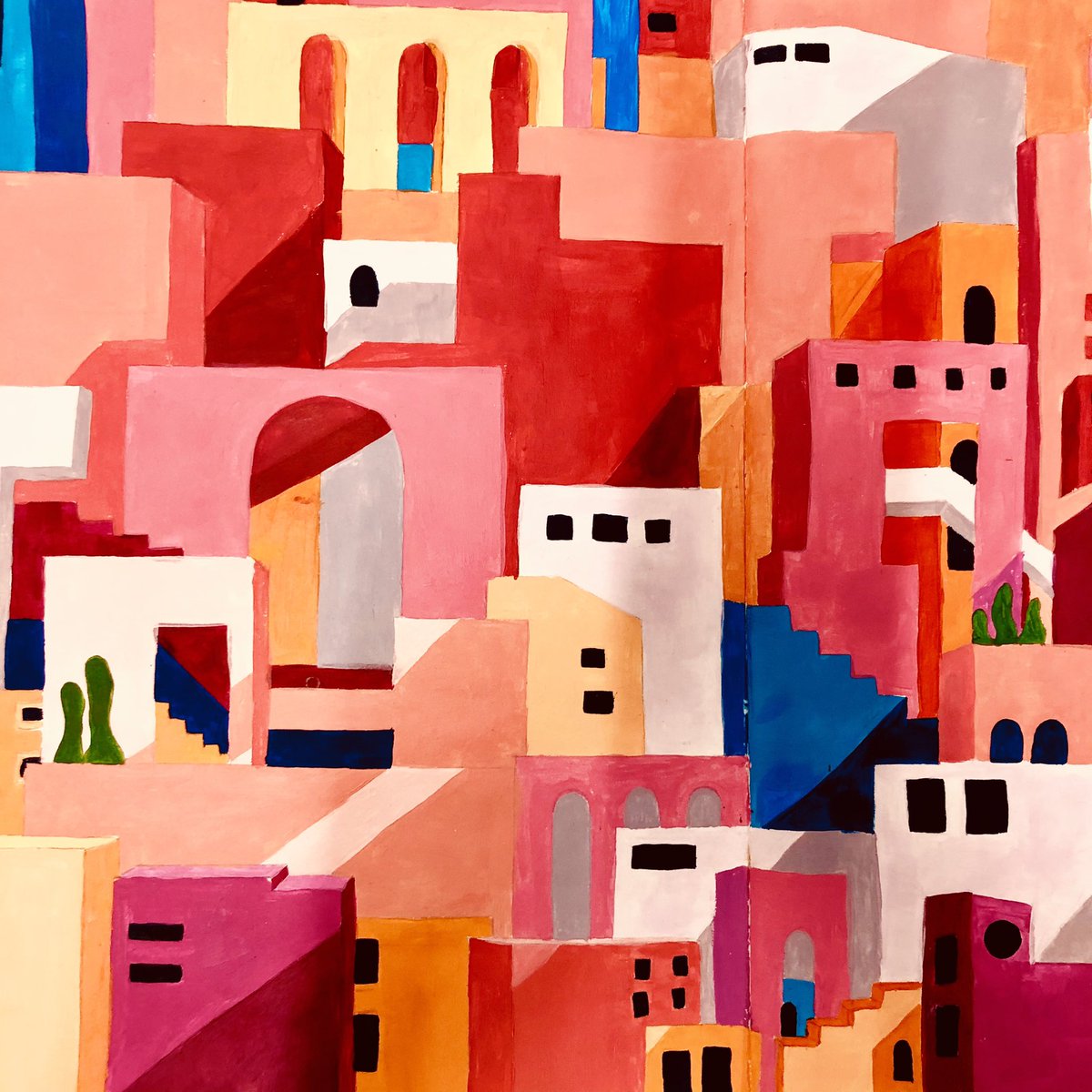 UHHSarts's tweet photo. Last night the Art department were marking folders and felt Erins intro to her cityscapes book deserved some 👏🏻 plus it makes us want to go on holiday! Beautifully painted with neat crisp lines and flat colour.  #painting #portfolio #mediterranean #colour #holidays #fineart https://t.co/4jVTeIZXll