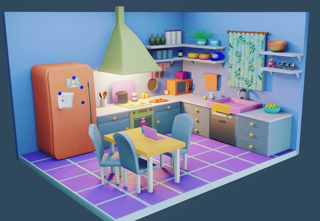 foradill's tweet photo. Low poly kitchen. Blender 👍 #lowpoly #blender #b3d #gameassets #3d #kitchen https://t.co/VkUSLTr4nW