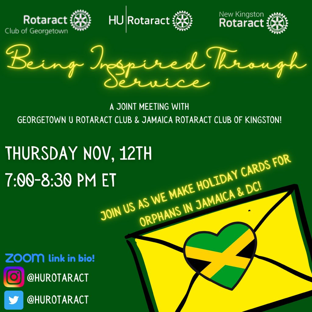 hurotaract's tweet photo. IT’S ALMOST THURSDAY which means it is time for another body meeting!

Join us tomorrow for “BEING INSPIRED THROUGH SERVICE” a joint meeting with @rotaractgeorgetown !! We hope to see you there! ✌🏾

#HU24 #HU23 #HU22 #HU21 #RotaryInternational https://t.co/cQR7P8ZE2X
