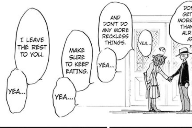 - "eat well, there's a lot of food available so eat as much as you want" (ch. 121)-telling lambda kids to sleep because sleep is a medicine too (ch. 145)-Cries after meeting Emma because the first thing he noticed is she's having good meals, living with a smile (ch. 181)