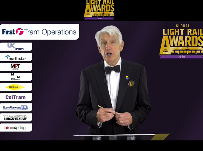 NoelDolphin's tweet photo. Hey it is the voice of Croydon Tram - Nicholas Owen presenting tonight's Light Rail Awards #GLRA20 https://t.co/6PX4QGj2yE