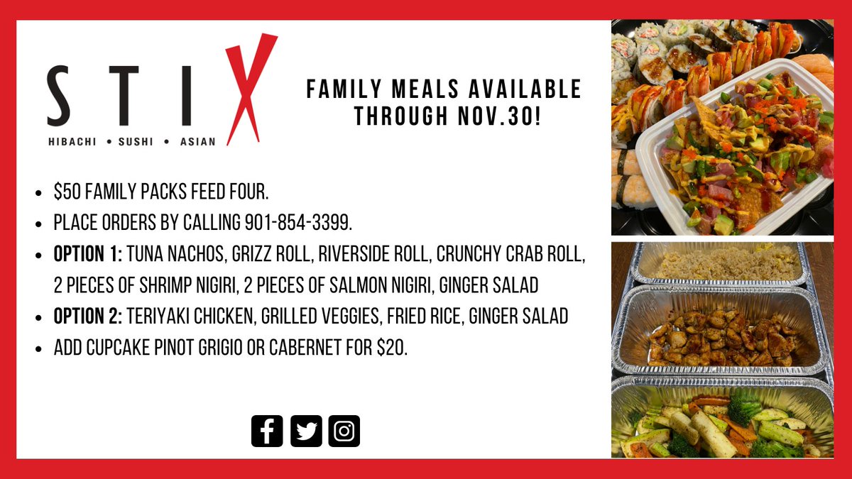 STIX901's tweet image. 🚨THIS IS NOT A DRILL! 🚨 Family Meals at STIX Collierville are BACK. For just $50, you can feed four peeps a ridiculously delicious meal. Check out our options show below and ORDER UP by calling 901-854-3399.
