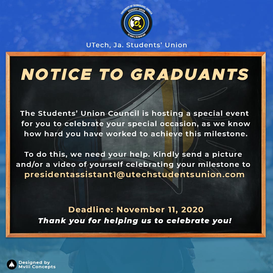 UTStudentsUnion's tweet photo. Graduation is a significant milestone and we want to celebrate with you!! Send us a photo or 1 minute video of you celebrating this milestone 📸 🎊!
Deadline: Nov. 11,2020
All photos & videos will be featured in a special graduation event.
#graduation2020 #utechstudentsunion https://t.co/YCgEF8nDah