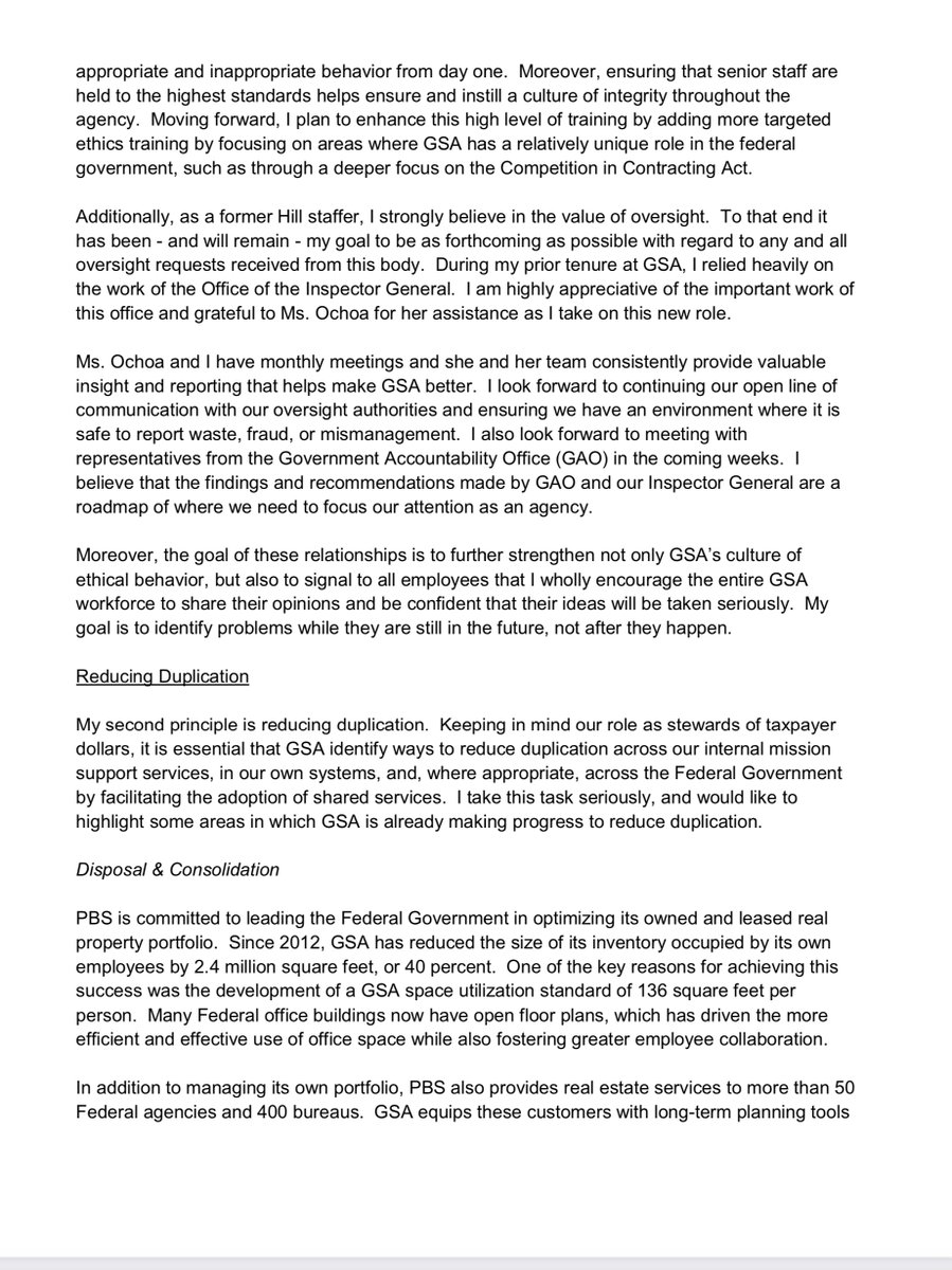 -  @GSAEmily your Feb 2018 written testimony proves to contain at least 6 blatant lies“...distilled into four guiding principles that can be applied to every aspect of GSA’s mission: ethical leadership, reducing duplication, increasing competition improving transparency”