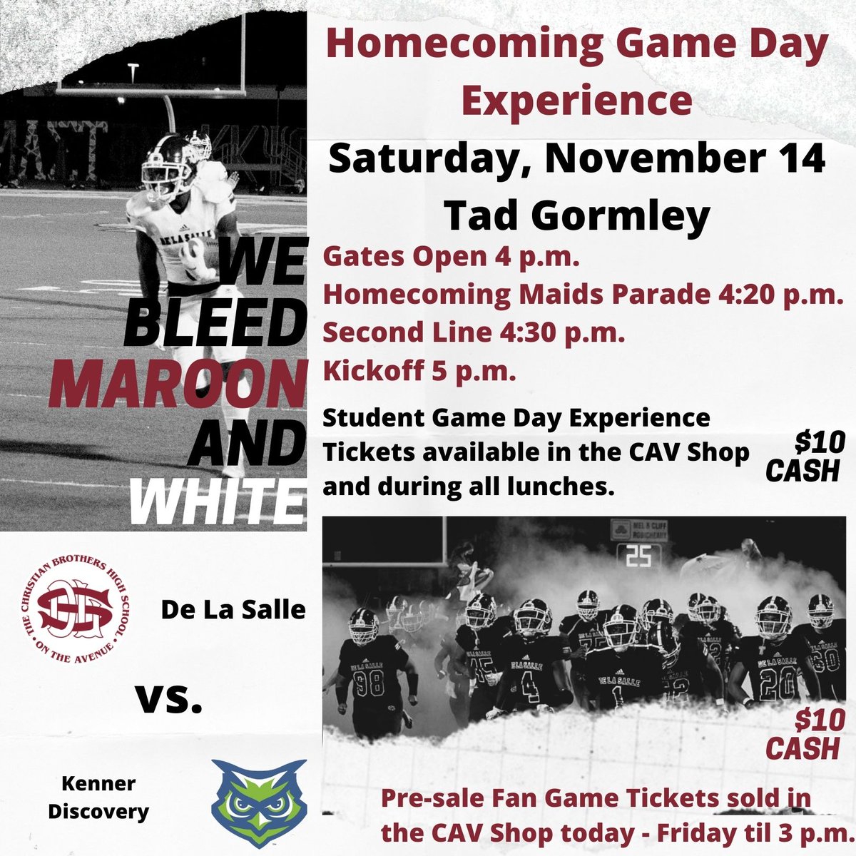 DLSStudents's tweet photo. #CavNation, planning on going to the big game this Saturday? Pre-sale tickets are now available in the Cav Shop until Friday afternoon. Don't delay, get your tickets today! #Homecoming2020 #DLSNola #DLSfootball #maroonandwhite https://t.co/sg8q1Bc7tc