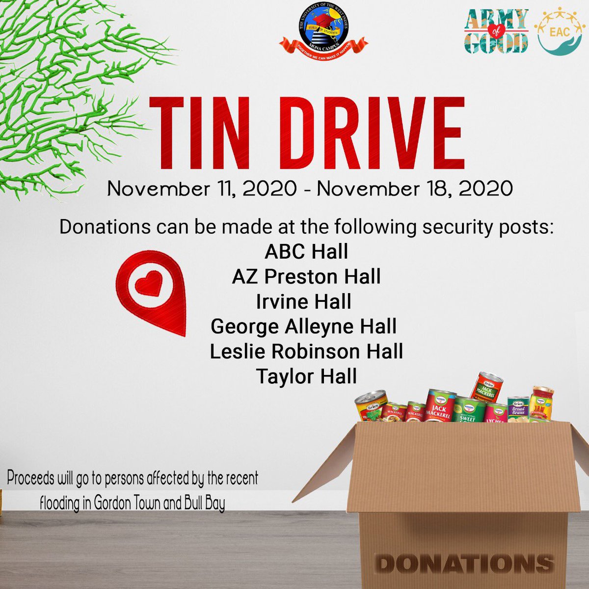 UWIMonaGuild's tweet photo. The UWI Mona Guild EAC will be assisting our brothers and sisters impacted by the recent flooding and we need your help!
Please drop off items at the following locations or contact us for more information. #SoldiersofSolidarity #OneArmyNuffGood ๐ช๐พโค๏ธ https://t.co/2vmIPR560c
