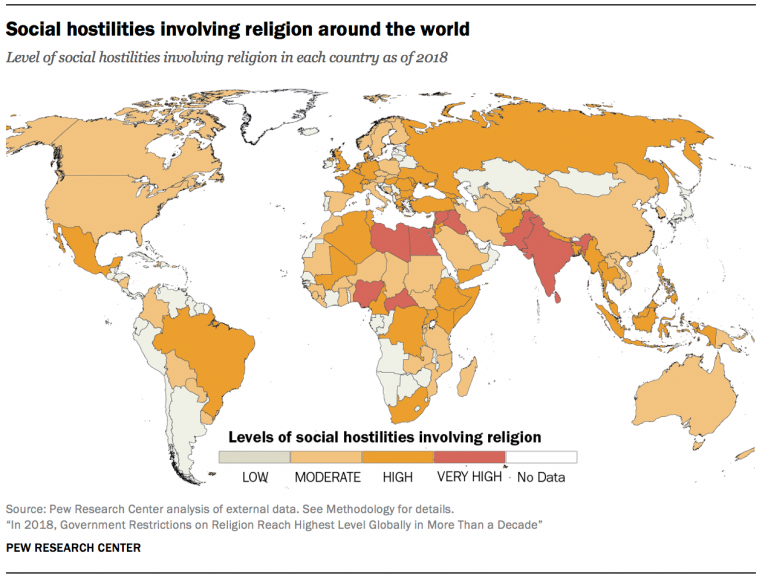 PewReligion's tweet photo. Social hostilities involving religion around the world, in one map (as of 2018 -- full report here: https://t.co/1U9kayRAbz) https://t.co/9ajvVHlseu