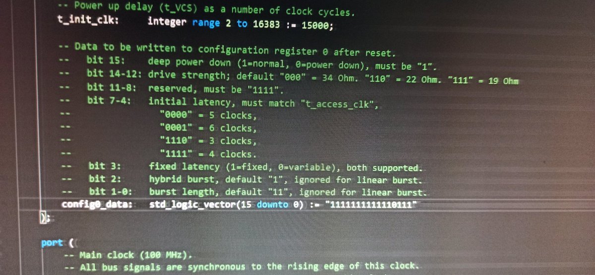 RndMnkIII's tweet photo. #S27KL0641 100MHz 64Mbit #hyperram running stable at 96MHz DDR on QMTech Wukong Artix-7 FPGA. The key is to reduce drive strength to 19Ohm using the register settings of the Hyperram. It's needed to use ODDR/IDDR primitives to capture data on both rising and falling CLK edges: https://t.co/mbbRXjKrhX