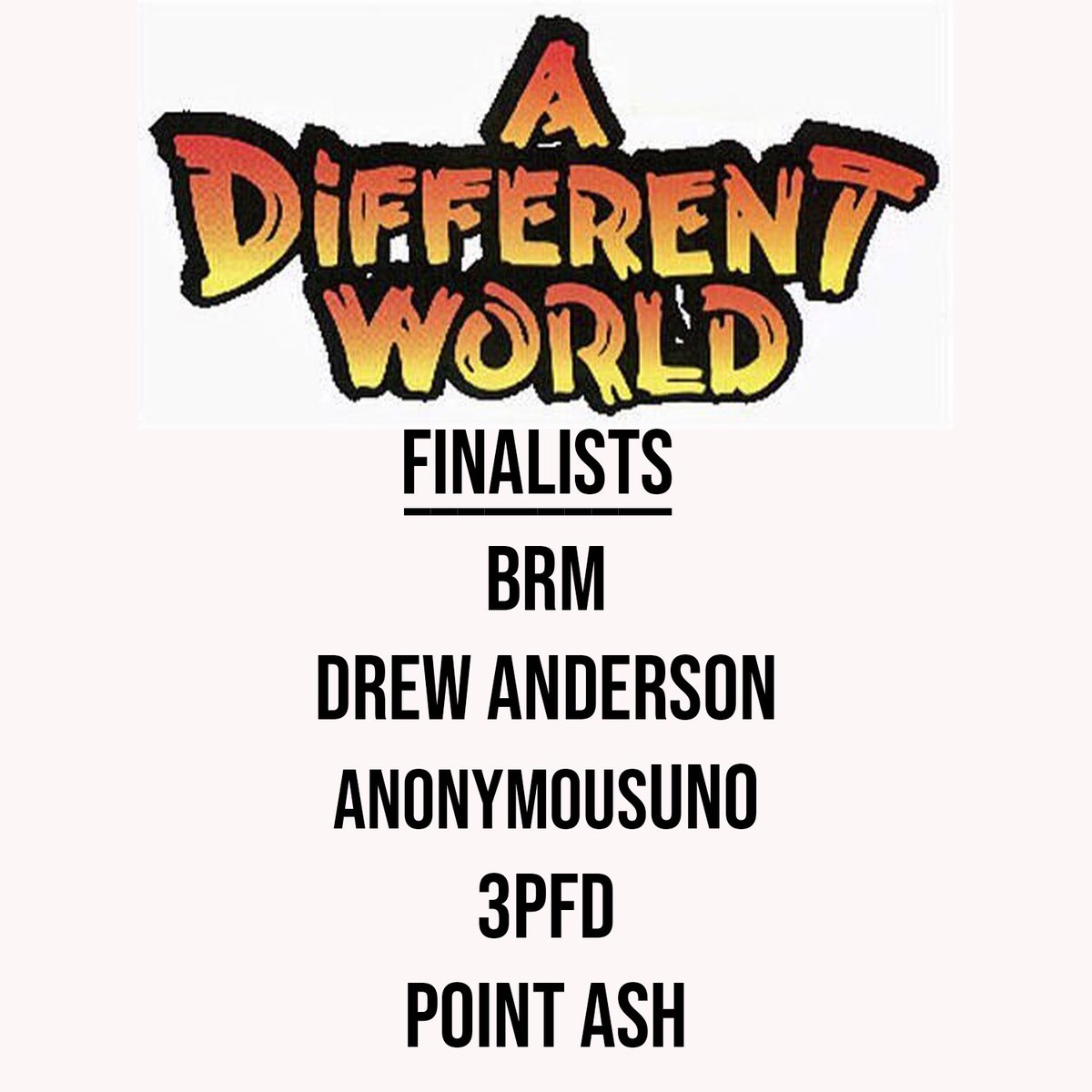 KDrama513's tweet photo. Congrats to the #ADifferentWorldChallenge Finalists!
@brmrrp
Drew Anderson
anonymousUNO
@3PFD
Point Ash
I need your help picking a winner! Pick who should be on the remix by visiting https://t.co/DO6IwxAOFH https://t.co/2RISbOFkaM