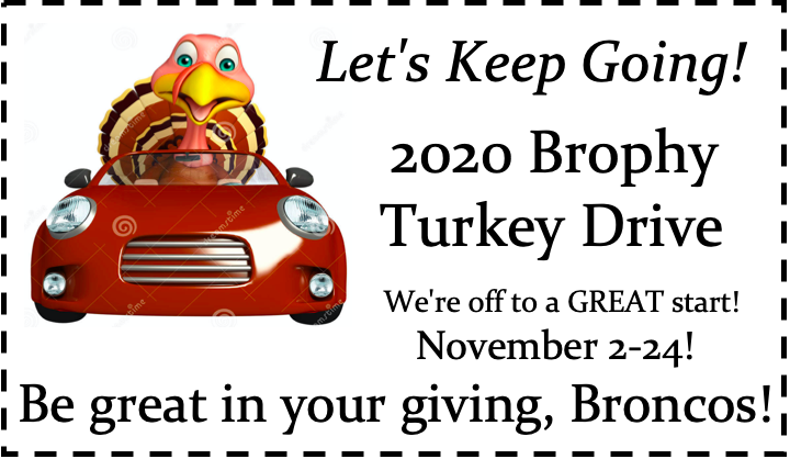 BrophyOFJ's tweet photo. Brophy's 2020 Turkey Drive is underway! Let's be great in our giving, Broncos, as we collect not only dollars and cents, but food and fixings for the Thanksgiving tables of those in need. Use Venmo too, on a mobile device- https://t.co/l4Fo21dOCo https://t.co/357UZ1cW7H