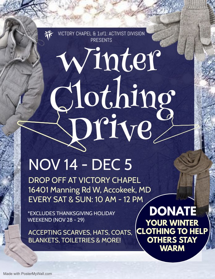 WeAreVictoryMD's tweet photo. Be a blessing and help keep others warm this winter by donating your gently used winter items! More information on our website. #Giving #Donate #ClothingDrive #HolidaySeason (https://t.co/tAZlKFLKcR) https://t.co/F9RHOYUuGM