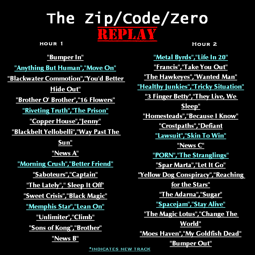 CodeZeroRadio's tweet photo. The ZipCodeZero Replay is ready to rock so grab yer...uh...socks! Yeah, that's it. Socks. Check out the featured artists along with our faves @3FingerBetty , @UNLIMITER3 , and TONS more! The replay airs all weekend long at 2 pm CST on WCZR https://t.co/WiDC1n70aY https://t.co/CmlVR7KmDv