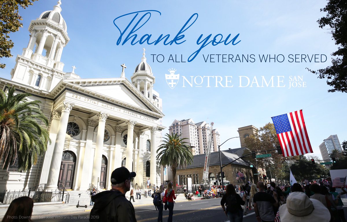 NotreDameSJ's tweet photo. On this #VeteransDay, we take a moment to share our gratitude and prayers for those who have served and sacrificed. In the name of justice and peace, #ThankYouForYourService to all veterans past and present. 🇺🇸 #StJuliePrayForUs #NDPrays #DTSJ https://t.co/WPvGbkOAC4