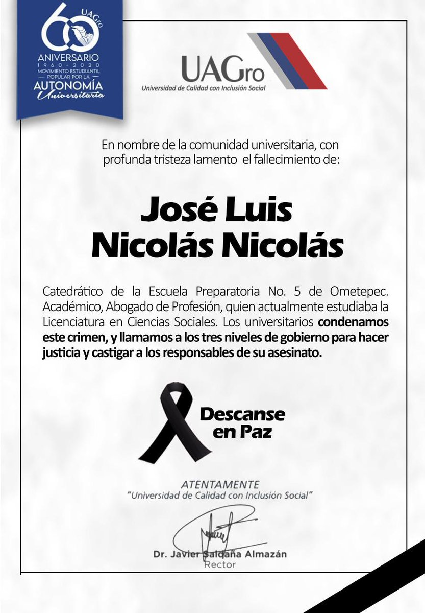 JavSaldana's tweet photo. La comunidad universitaria nos unimos al dolor que embarga a la familia del catedrático José Luis Nicolás Nicolás y alzamos la voz para exigir justicia de este hecho tan lamentable. https://t.co/m4XxnmQBHR