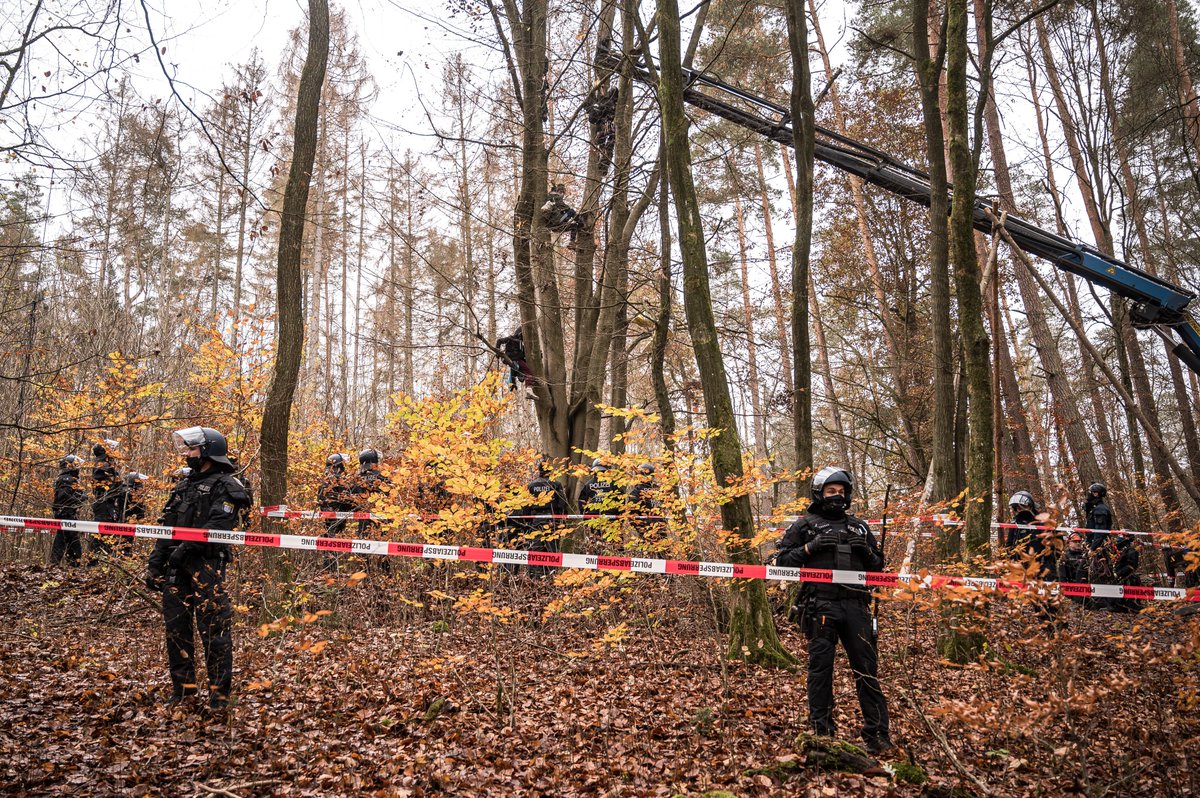 Ti_Wag's tweet photo. Außerdem ging die Räumung im Barrio "Drüben" am anderen Ende des Waldes weiter. Dort wurden mehrere Tripods geräumt & Menschen von Bäumen geholt. Einige Barrikaden von der Polizei abgeräumt & Bäume für kommende Räumungen gefällt. #danni1111 https://t.co/HntLd2w5L9
