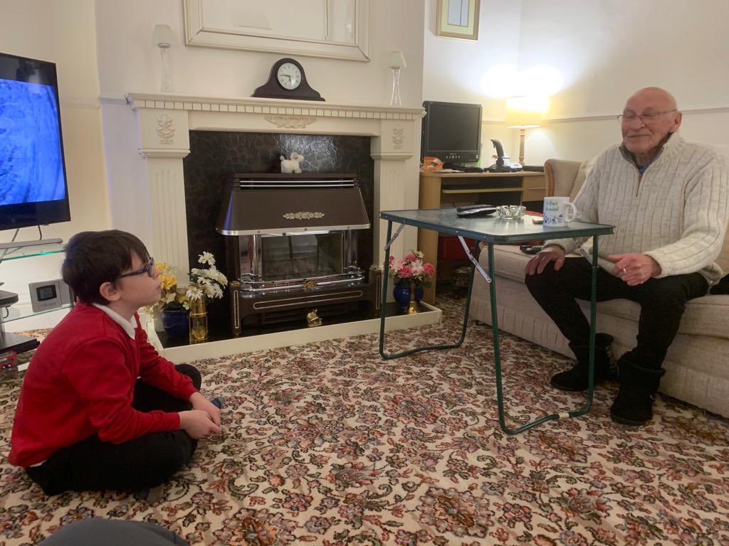 hoare_amy's tweet photo. After learning about kindness this week in school,Zac decided to take a fish supper up to his great Bampi after not seeing him since March.  He recognized that he would be lonely on his own, so spent a few hours with him to cheer him up. So proud of him @CoedEvaYear6 https://t.co/vrFUfhR5kC