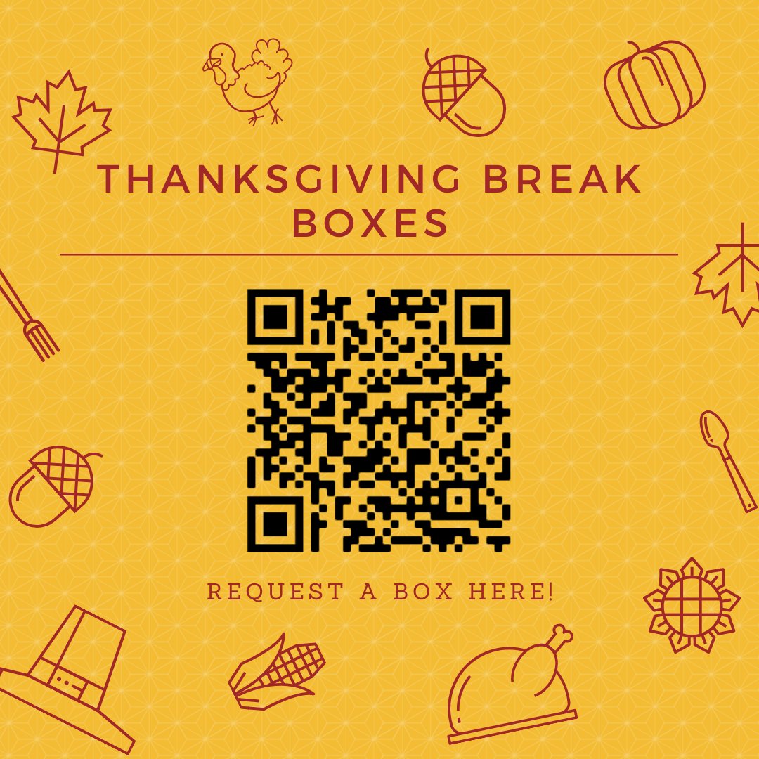 SFA_JGB's tweet photo. The Pantry is now accepting donations for our annual Thanksgiving Break Boxes. Donate an item on the list to add your name or profile pic to the graphic! 🦃

If you are a student staying on campus or in the Nac area for Thanksgiving Break, follow the QR Code to request a box! 🦃 https://t.co/BFU1dztwVh
