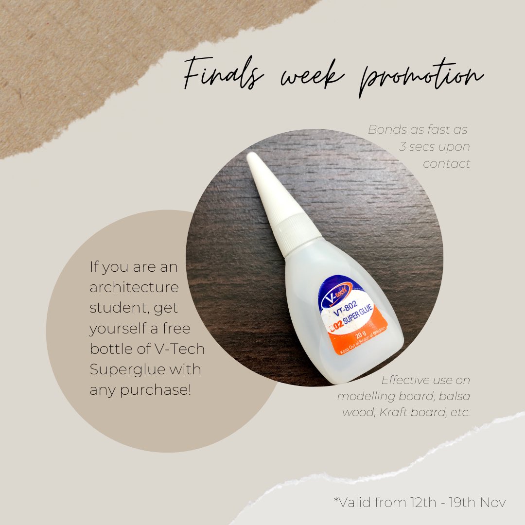 If you are an architecture student, get yourself a free bottle of V-Tech Superglue with any purchase from Artify within the week!

Best of luck to all architecture students who’s finals just started! ☺️

*Valid from 12th - 19th Nov 2020
