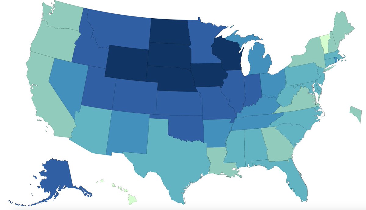 The darkest colored states here are averaging 100+ new _diagnosed_ COVID cases per 100k population per day -- meaning that 1%+ of the state population has an active (diagnosed!) COVID case currently. What's going to happen when people gather for Thanksgiving?