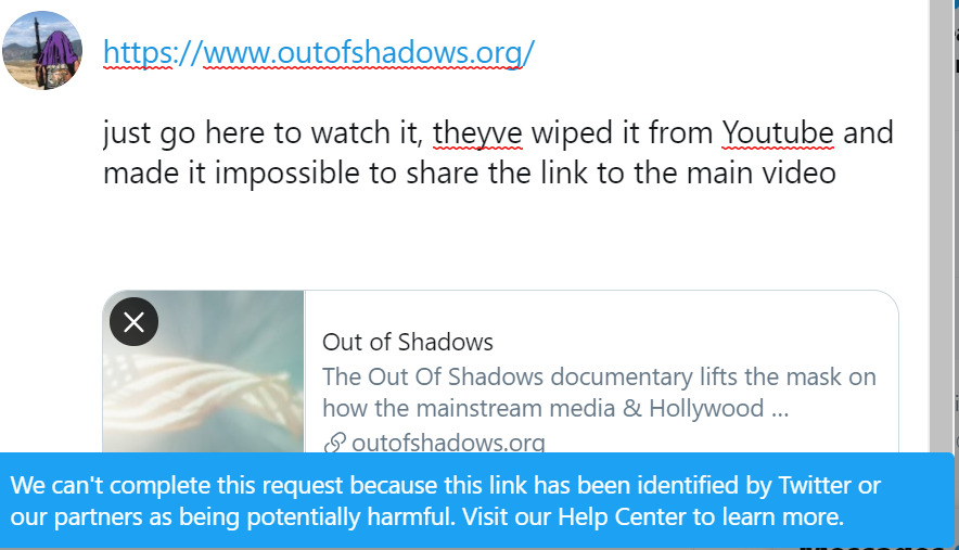 Multiple links included in earlier parts of this thread have been censored, here is an updated link to "Plandemic" https://plandemicvideo.com/ "Out of Shadows"For this one you will have to manually type in the URL below into your browser as Twitter has banned all sharing