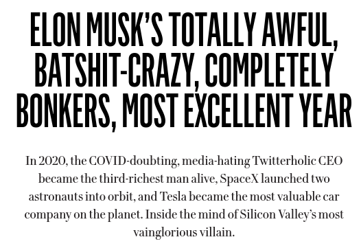Elon: <some journalists are only interested in innuendo, namecalling, and outright falsehoods about me; I'm done being nice to them> @nickbilton : <writes article full of innuendo, name calling, and outright falsehoods, while damning Musk for not being nice to people like him>
